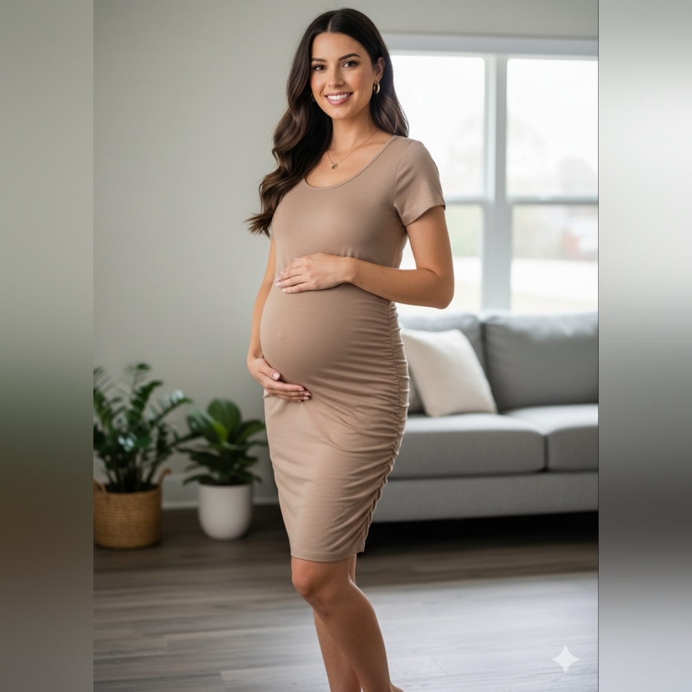 🤰🏽 5 For $25 Heart Hips Tan Ruched Bodycon Dress Scoop Neck Short Sleeve